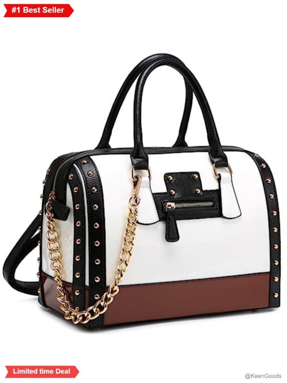 Shiny Patent Faux Leather Barrel Satchel with Rivet Decoration Top Handle